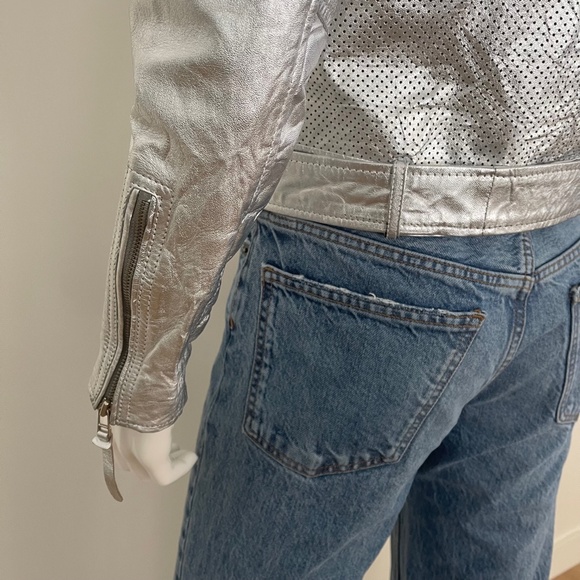 BANO EEMEE Metallic Moto Leather Jacket in Silver - Picture 10 of 13